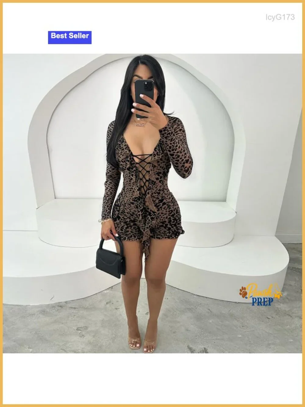 Mesh Romper for Women Leopard Print Sexy Y2K Long Sleeve Bodycon Jumpsuit One - Picture 5 of 5